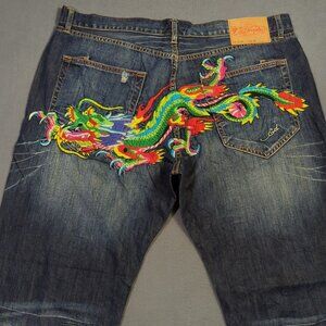 Ed Hardy By Christian Audiger Jeans Men's 44x34 Blue Flying Dragon Baggy NWT
